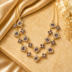 Vtg Monet Purple Crystal Double Strand Necklace Sample One of a Kind Gold Tone